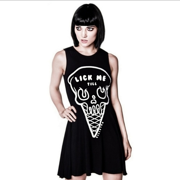 KILLSTAR ✦ “iScream” Skater Dress ✦ Gothic Black Flock Skull Graphic Soft Jersey - Picture 7 of 15
